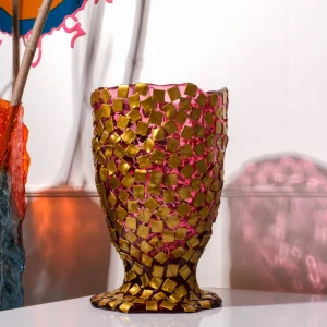 Rock Vase - Clear Light Fuchsia And Gold