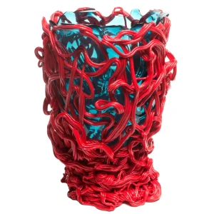 Spaghetti Special Vase - Clear Aqua And Coral Red